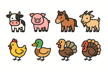Colorful cartoon farm animals: cow, pig, horse, goat, chicken, duck, turkey