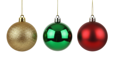 Three christmas ornaments, a gold glitter ball, a green bauble, and a red bauble, hanging isolated on transparent background