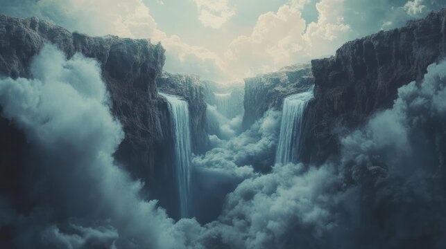 Mystic cascade veiled in billowing clouds, majestic and surreal waterfall landscape