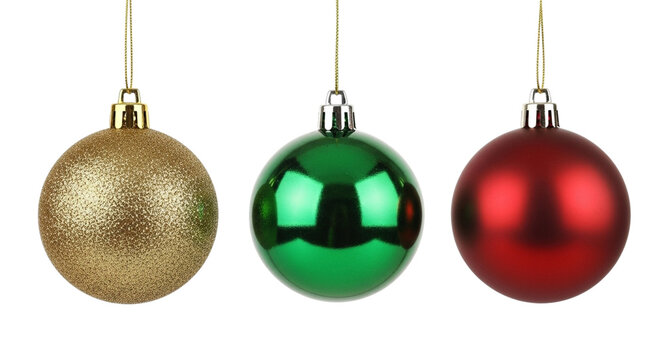 Three christmas ornaments, a gold glitter ball, a green bauble, and a red bauble, hanging isolated on transparent background - Powered by Adobe