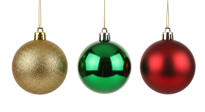 Three christmas ornaments, a gold glitter ball, a green bauble, and a red bauble, hanging isolated on transparent background
