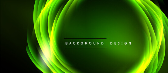 Abstract green design features layered glowing shapes. Text reads background design centered within oval form. Dark background enhances luminosity.