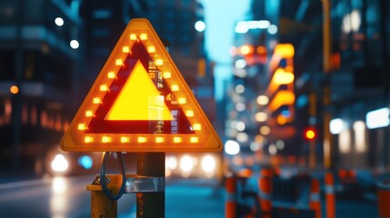 Illuminated warning triangle in urban construction at dusk for safety