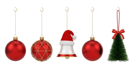 Collection of red christmas ornaments and a bell with santa hat, and a small christmas tree, hanging, isolated on transparent background