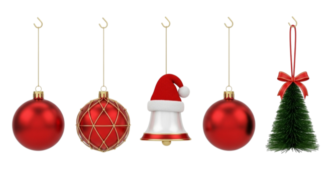 Collection of red christmas ornaments and a bell with santa hat, and a small christmas tree, hanging, isolated on transparent background