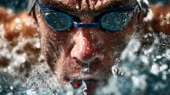 Swimmer taking a breath while diving into water during an intense competition at a swimming event at sunset