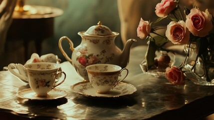 Elegant Afternoon Tea Still Life with Roses and Floral Porcelain Service