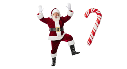 Santa claus dancing with a candy cane isolated on transparent background