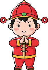 Cartoon Chinese Boy in Red Traditional Costume Giving Lunar New Year Greeting