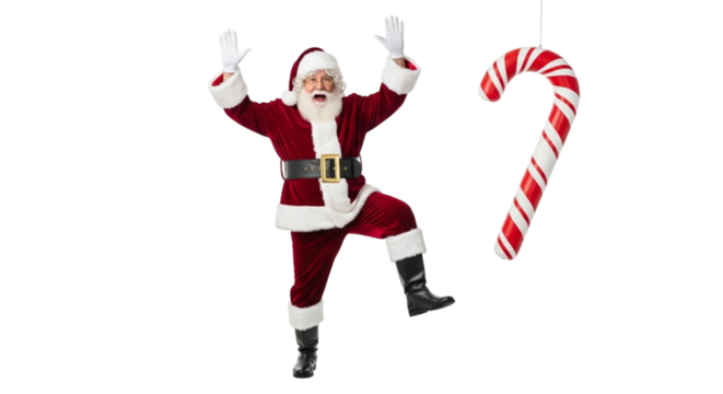 Santa claus dancing with a candy cane isolated on transparent background