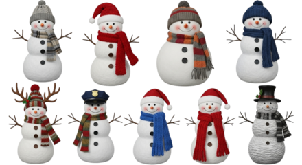 Collection of eight cute snowmen wearing hats and scarves isolated on transparent background