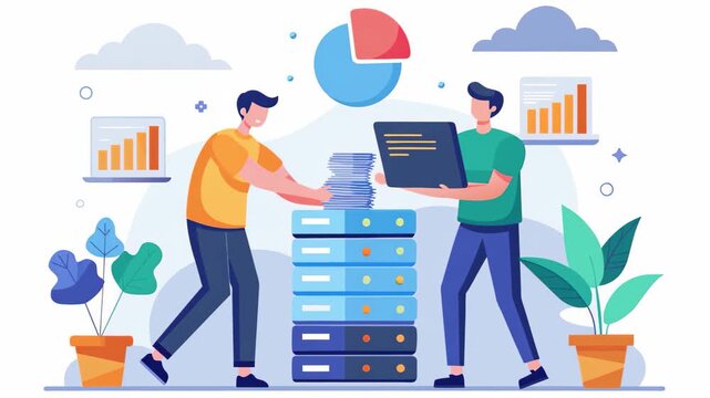 Two men standing beside tall stacks of files in an office setting, concept of men backing up data, Simple and minimalist flat 2d Animation