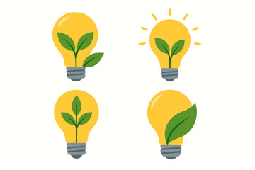 Eco-friendly light bulb designs with green leaves and growth symbolism