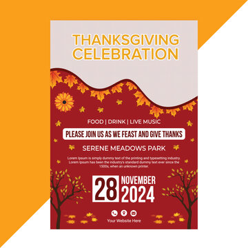 Thanksgiving Dinner Party Flyer Template with Festive Food Background, Pumpkins, and Autumn Leaves for Holiday Celebration, Feast Invitation, and Fall Event Promotion in Editable Vector Layout