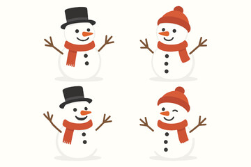 Cheerful cartoon snowmen in red scarves and hats with joyful expressions