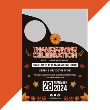 Elegant Thanksgiving Celebration Flyer Template featuring autumn leaves, pumpkin decorations, and festive dinner layout ideal for fall event promotions, restaurant parties, or holiday invitations