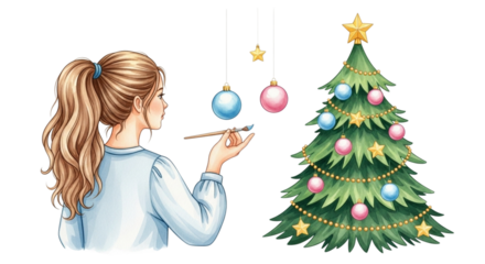 A young woman with a ponytail decorates a christmas tree with ornaments and lights, isolated on transparent background