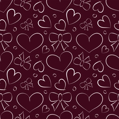 Elegant seamless vector pattern featuring dense white line art hearts and bows on a deep maroon background, perfect for holiday gift wrap, winter textile, or Valentine's Day stationery.