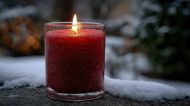 A close-up of a lit red candle in a glass jar resting on a stone surface with patches of snow The background is softly blurred with warm bokeh lights