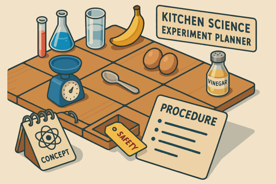 Kitchen science experiment planner with tools and ingredients for educational activities