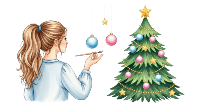 A young woman with a ponytail decorates a christmas tree with ornaments and lights, isolated on transparent background