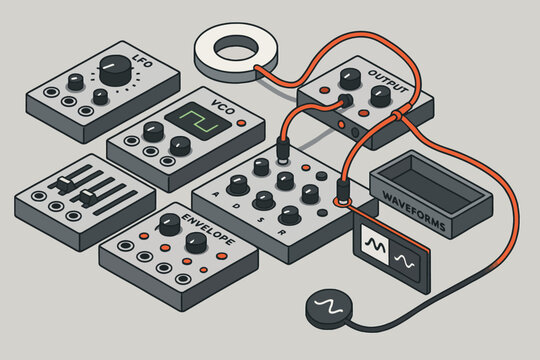 Modular synthesizer components with vco, lfo, and waveform display