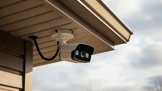 Outdoor security camera attached to a roof overhang in a bright sky environment
