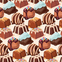 Seamless pattern of chocolates, hand drawn cartoon sweets, сandy, various toppings. Cute wallpaper print, wrapping paper design of colorful confectionery on a white background. Vector illustration.