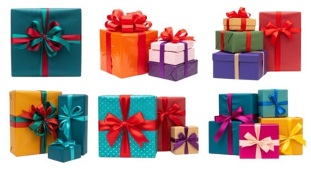 Collection of colorful gift boxes with ribbons and bows, isolated on transparent background
