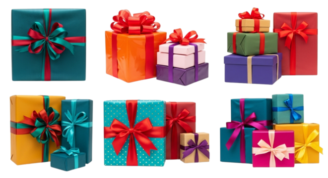 Collection of colorful gift boxes with ribbons and bows, isolated on transparent background