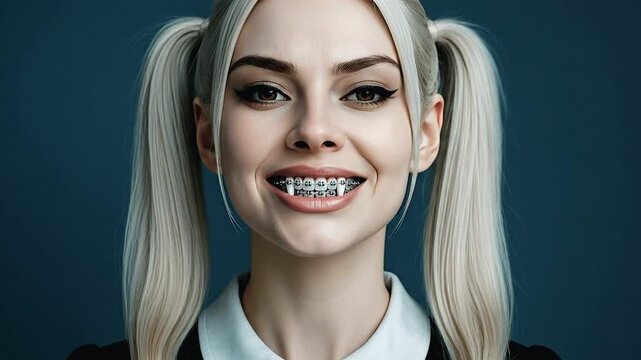 Blonde Twin-Ponytail Vampire Woman Making Kiss Face with Braces and Fangs Close-Up on Blue Background