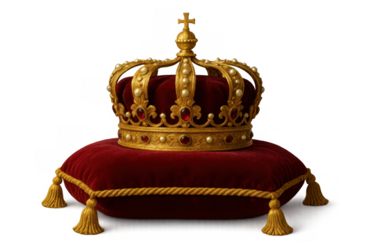 Golden crown with red velvet and jewels resting on a royal cushion, symbolizing monarchy, power, and success on transparent background - Powered by Adobe