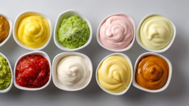A row of white bowls filled with colorful condiments on a light gray surface