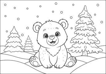 A charming baby bear in a winter wonderland, a delightful coloring book page for children to enjoy creative play and artistic expression