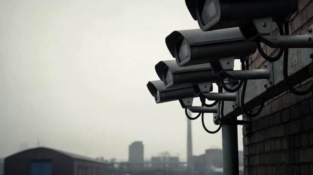 Surveillance cameras installed outdoors in a gloomy urban environment 