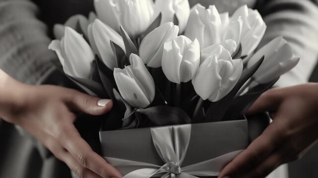 A hand cradling a beautiful arrangement of white and pink tulips with their green stems in a gift box tied with a ribbon.