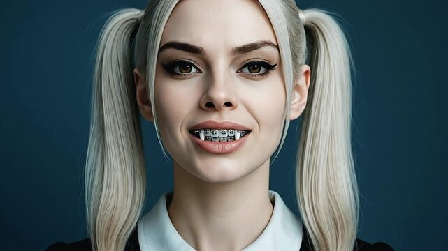 Blonde Twin-Ponytail Vampire Woman with Braces Showing Fangs Close-Up on Blue Background