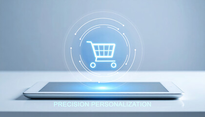 Innovative e commerce concept using ai for precision personalization. futuristic interface with shopping cart icon for smart online retail experience and targeted advertising