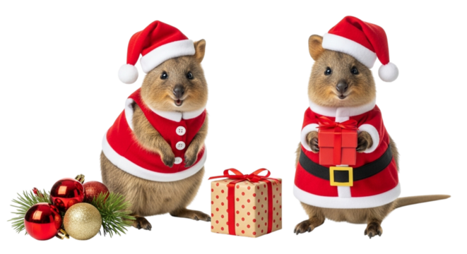 Two cute quokkas dressed as santa claus, holding a gift box and surrounded by christmas ornaments, isolated on transparent background
