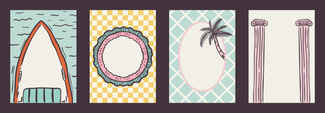 Set of summer exotic vacation whimsical hand-drawn frames with palm and sea, bow aesthetic in trendy, vintage styles. Perfect for quirky holiday, wedding, birthday gift decorations