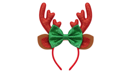 A fun and festive reindeer antler headband with glittery red antlers and a green bow, isolated on transparent background