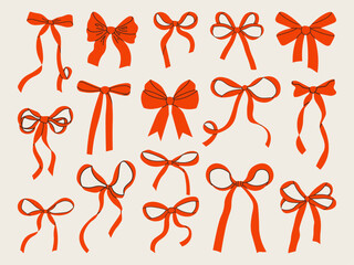 Whimsical hand drawn red bow and ribbon set in coquette and vintage style. Cute and elegant decorative elements for wedding invitations, gifts, christmas and feminine design projects