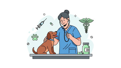 Professional veterinary care concept with a female doctor examining a dog with a stethoscope