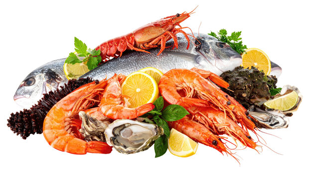 Fresh seafood assortment fish, shrimp, shellfish, lemon