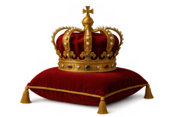 Golden crown with intricate details, adorned with jewels and pearls, placed on a deep red velvet cushion with golden tassels, showing royalty