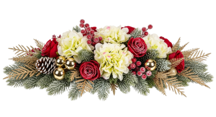 A beautiful christmas centerpiece arrangement with red roses, white hydrangeas, pine cones, berries, and golden ornaments on a transparent background