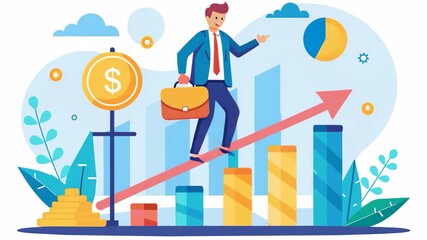 A man in a suit climbs a bar graph representing the concept of business profit control, Control of business profits concept, Simple and minimalist flat 2d Animation - Powered by Adobe
