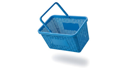 Blue shopping basket in air on white background