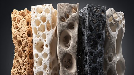 Abstract porous columns with varying textures and colors against a transparent background