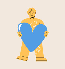 Boy holding a big heart in hands. Colorful vector illustration